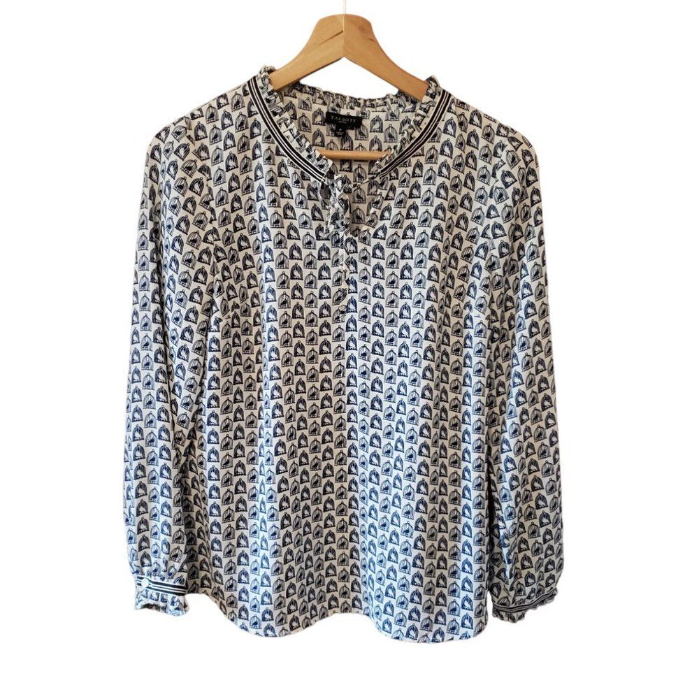 Talbots Blue White Bird Cage Print Long Sleeve Blouse Size Petite Bow Novelty